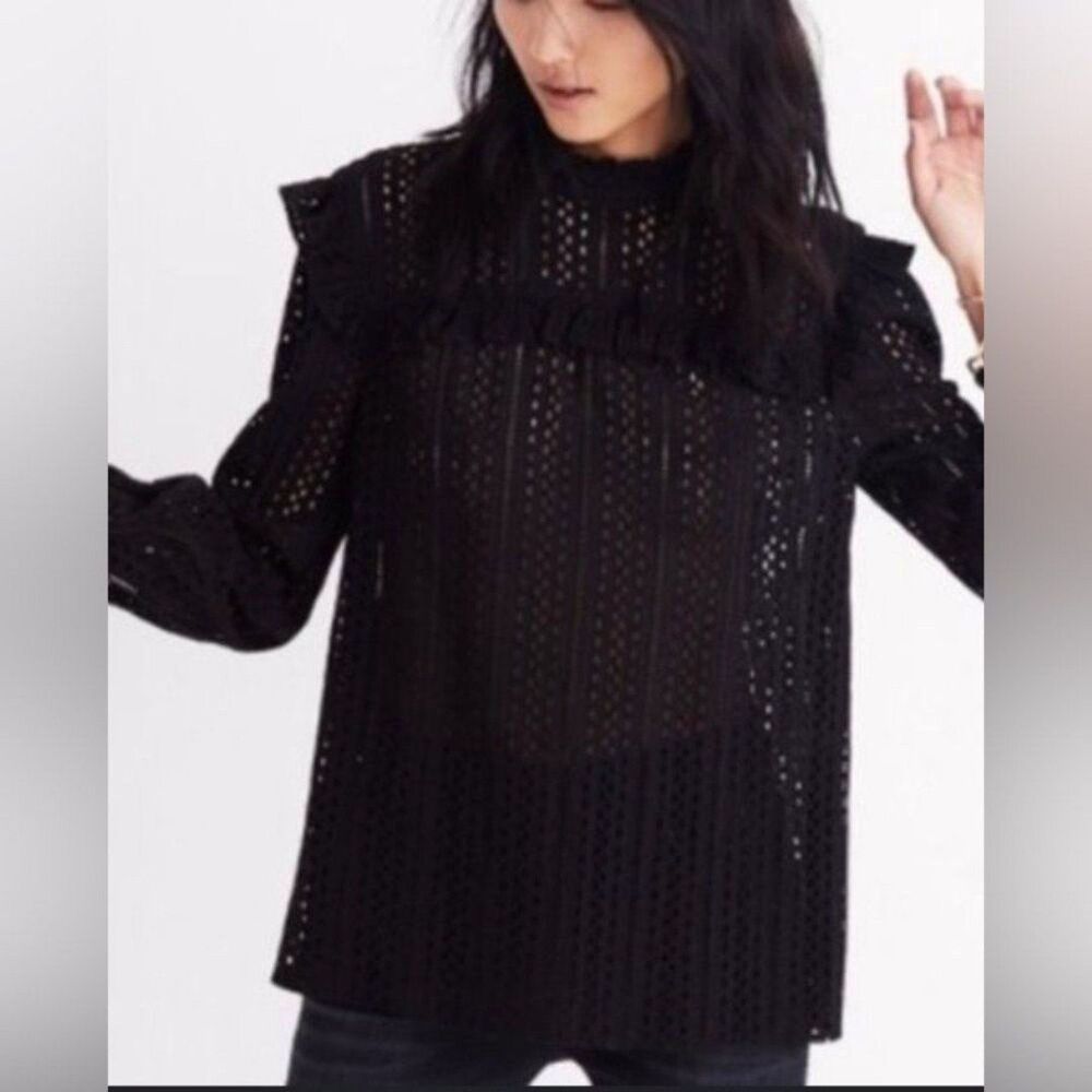 Madewell Mockneck Eyelet Ruffle Long Sleeve Peasant Top Size S Black Fairy Goth